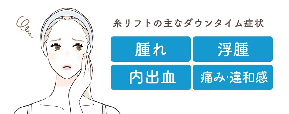 糸リフトのダウンタイムの主な症状<br />
