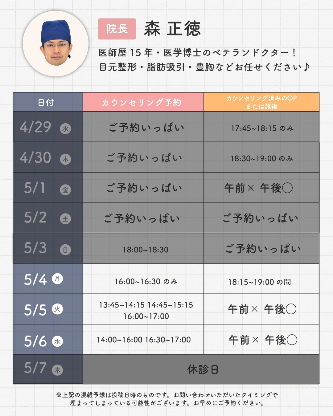 カウンセリング&施術枠の空き状況