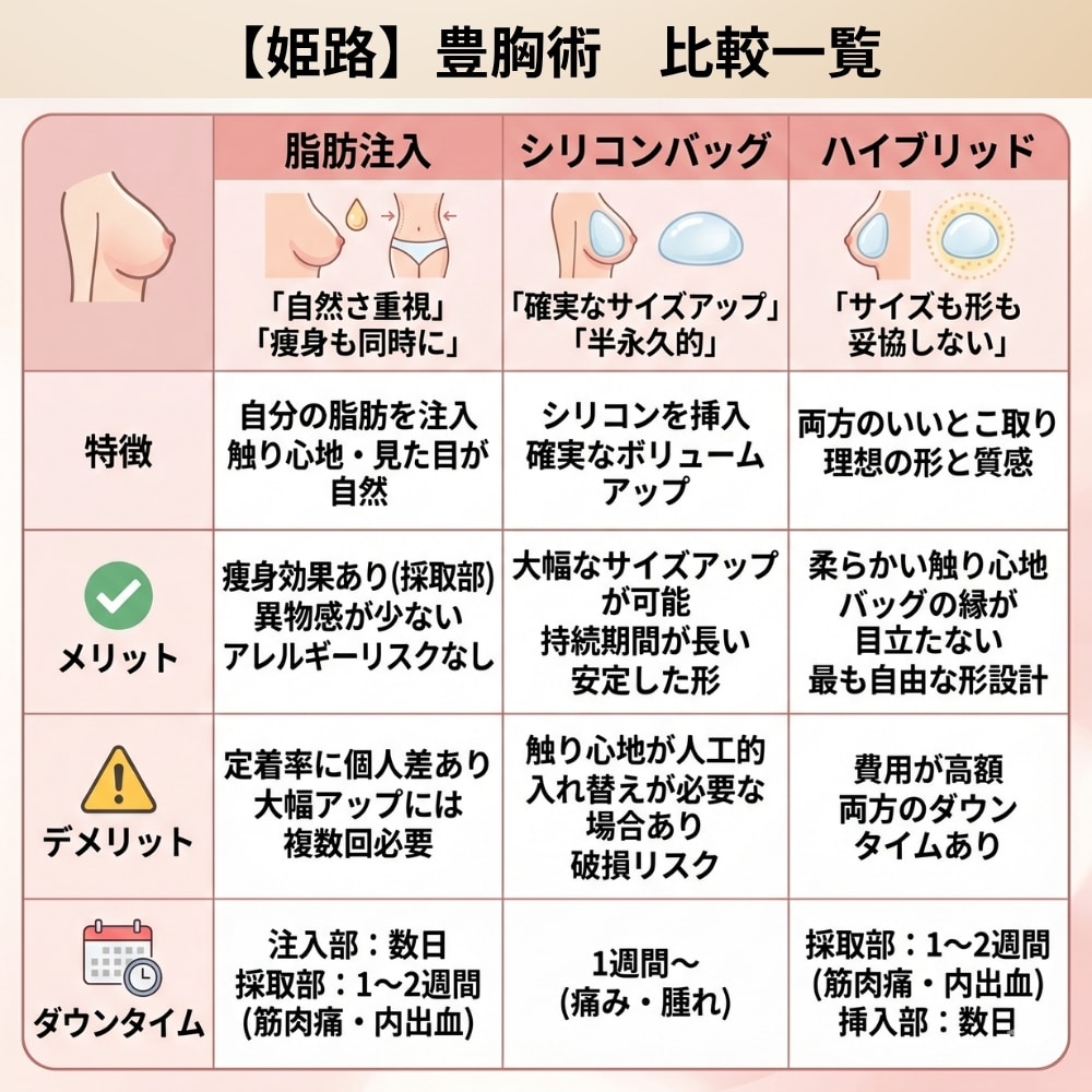 3つの豊胸術の比較表
